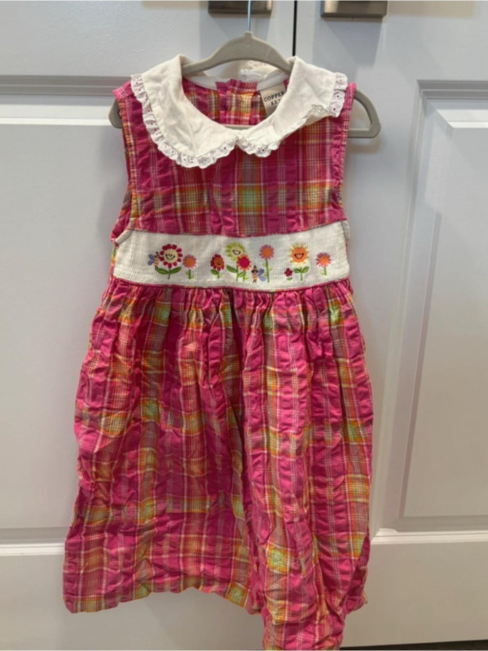 Copper Key Pink Plaid Dress with Embroidered Flower Band and Peter Pan Collar